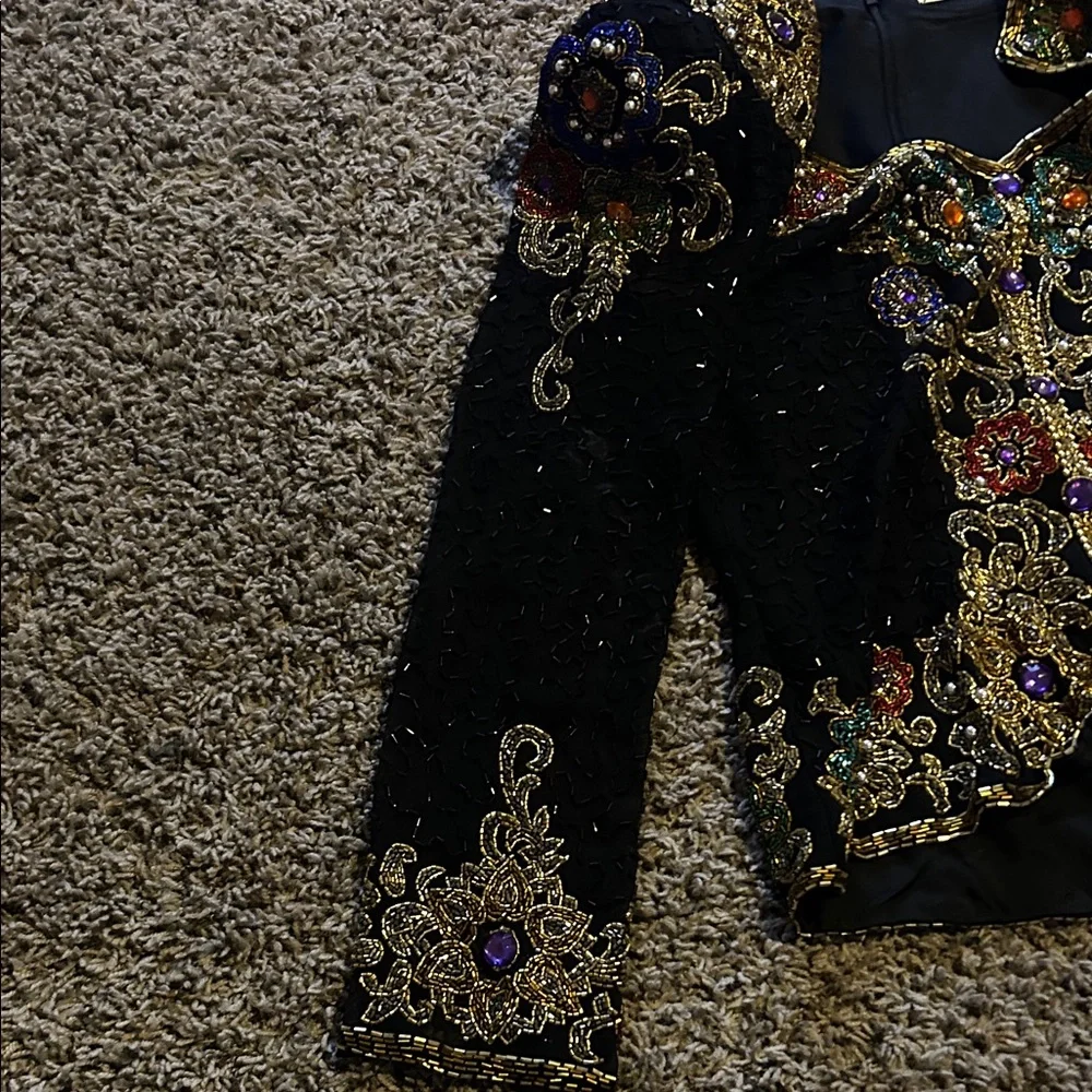 1980s Oleg Cassini Black Tie Multicolor Embellished Top - Picture 4 of 7